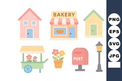 Cute pastel village houses with bakery flower cart mailbox a Product Image 1