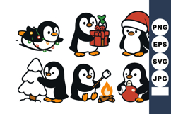 Cute penguins celebrating Christmas with gift, tree, fire, a Product Image 1
