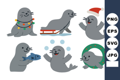 Cute seal characters celebrating winter holidays with festiv Product Image 1