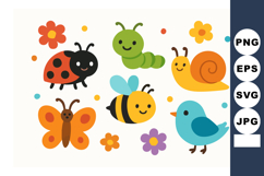 Cute colorful cartoon insects and small bird with flowers ve Product Image 1