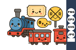 Cute smiling cartoon train with railway crossing sign and wh Product Image 1