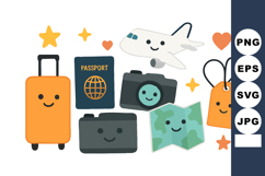 Cute smiling travel icons with suitcase passport camera airp Product Image 1