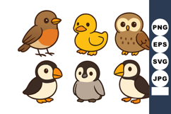 Cute cartoon birds collection with robin duck owl puffin and Product Image 1