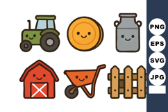 Farm equipment and icons with cartoon style tractor, hay bal Product Image 1