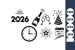 2026 New Year Celebration Icons with Clock Champagne Glasses Product Image 1