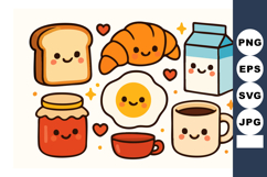 Cute breakfast food vector with smiling toast croissant frie Product Image 1