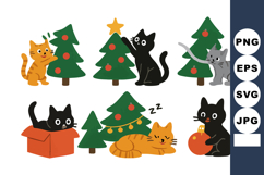 Cute cats playing and resting around decorated Christmas tre Product Image 1