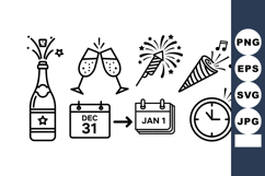 New Year celebration icons with champagne glasses calendar f Product Image 1