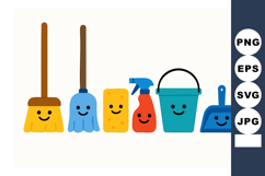 Cleaning tools vector with smiling bucket mop broom sponge s Product Image 1
