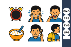 Morning routine activities with alarm clock, face washing, t Product Image 1