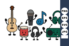 Cute cartoon musical instruments and audio devices with happ Product Image 1
