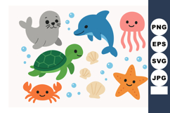 Cute sea animals vector with happy seal dolphin turtle crab Product Image 1