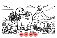 Dinosaur Coloring Page With Eggs And Volcano Scene Product Image 1