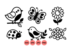 Black And White Bird Flower And Insect Clipart Product Image 1