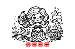 Hand Drawn Mermaid Coloring Page Illustration Product Image 1
