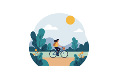 Woman riding bicycle in a serene landscape with flat design Product Image 1