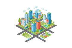 Cityscape featuring modern buildings and greenery in a vibra Product Image 1