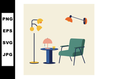 Modern green armchair with yellow lamps and blue table in co Product Image 1