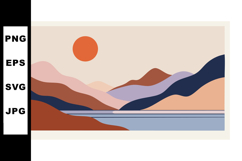 Mountain landscape with orange sun and blue lake in minimali Product Image 1