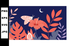 Tropical hibiscus flower with butterfly and colorful leaves Product Image 1