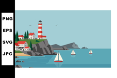 Coastal lighthouse with red rooftops and sailboats on calm s Product Image 1