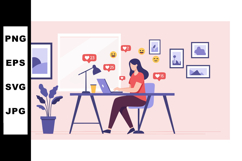 Woman working on laptop at desk with social media icons and Product Image 1
