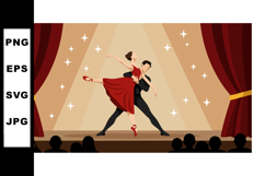 Ballet dancers performing on stage with red curtains and spo Product Image 1