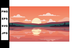 Sunset over calm lake with rolling hills and orange sky vect Product Image 1