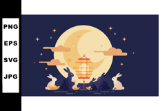 Moonlit rabbits with lantern celebrating traditional festiva Product Image 1