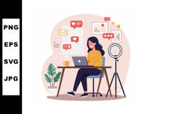 Woman Working on Laptop with Social Media Notifications and Product Image 1