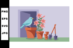 Blue bird with pink flowers and garden tools in pots vector Product Image 1
