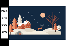 Winter night landscape with deer and snow-covered houses in Product Image 1