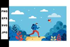 Hiker walking in blue and red nature landscape with bird fly Product Image 1