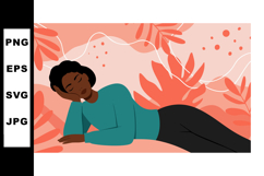 Relaxing woman lying on side in teal shirt with coral leaves Product Image 1