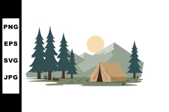 Tent camping scene with pine trees and mountain landscape un Product Image 1