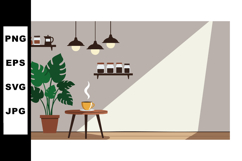 Coffee cup on table with green plant and hanging lamps in co Product Image 1