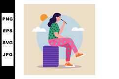Woman sitting on purple suitcase thinking outdoors with colo Product Image 1