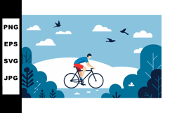 Cyclist riding bicycle outdoors with flying birds and blue s Product Image 1
