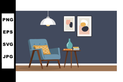 Modern blue armchair with yellow pillow and side table in co Product Image 1