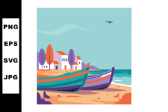 Boats on Sandy Beach by Small Village with Trees and Ocean u Product Image 1