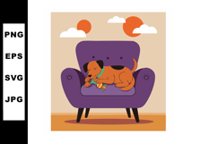 Dog sleeping on purple armchair with orange sun and clouds v Product Image 1