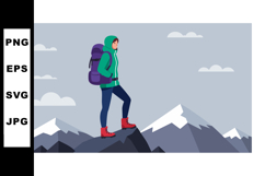 Female hiker with backpack standing on mountain peak outdoor Product Image 1