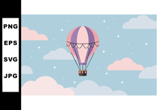 Hot air balloon floating in pastel sky with clouds and stars Product Image 1