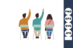 Three people sitting on chairs raising hands in casual cloth Product Image 1