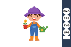 Boy gardener holding flower pot and watering can in purple h Product Image 1