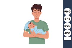 Father holding sleeping baby in blue outfit with green shirt Product Image 1
