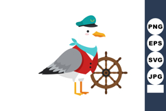 Seagull captain steering ship wheel with blue hat and red ve Product Image 1