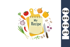 Recipe notebook with fresh vegetables and kitchen knife for Product Image 1