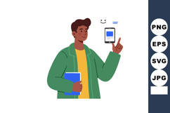 Young man holding book showing smartphone with smiling face Product Image 1