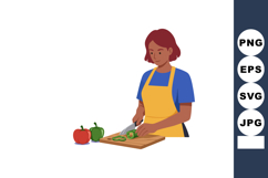 Woman slicing green bell pepper on wooden board with red and Product Image 1